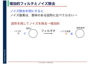 2016年度秋学期　画像情報処理
A.Asano,KansaiUniv. 増加的フィルタとノイズ除去
ノイズ除去を例にすると
ノイズ画素は，意味のある図形に比べて小さい→
図形を残してノイズを除去→増加的
図形Y
ノイズX
⊂
フィルタΨ
図形保存
ノイズ消滅
⊂∅
 