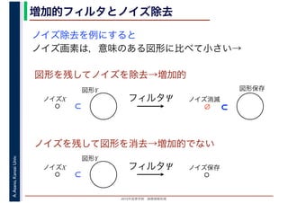2016年度秋学期　画像情報処理
A.Asano,KansaiUniv. 増加的フィルタとノイズ除去
ノイズ除去を例にすると
ノイズ画素は，意味のある図形に比べて小さい→
図形を残してノイズを除去→増加的
ノイズを残して図形を消去→増加的でない
図形Y
ノイズX
⊂
フィルタΨ
図形保存
ノイズ消滅
⊂∅
図形Y
ノイズX
⊂
フィルタΨ ノイズ保存
 