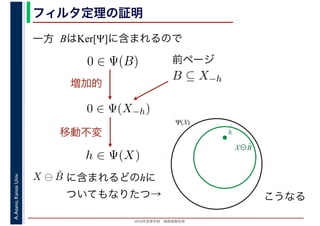 2016年度秋学期　画像情報処理
A.Asano,KansaiUniv. フィルタ定理の証明
一方 BはKer[Ψ]に含まれるので
X⊖B̌
h
B ⊆ X−h
0 ∈ Ψ(B) 前ページ
0 ∈ Ψ(X−h)
増加的
h ∈ Ψ(X)
移動不変
Ψ(X)
X ⊖ ˇB に含まれるどのhに
ついてもなりたつ→ こうなる
 