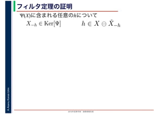 2016年度秋学期　画像情報処理
A.Asano,KansaiUniv. フィルタ定理の証明
X−h ∈ Ker[Ψ] h ∈ X ⊖ ˇX−h
Ψ(X)に含まれる任意のhについて
 