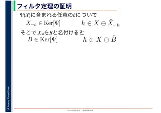 2016年度秋学期　画像情報処理
A.Asano,KansaiUniv. フィルタ定理の証明
そこで X-hをBと名付けると
X−h ∈ Ker[Ψ] h ∈ X ⊖ ˇX−h
h ∈ X ⊖ ˇB
Ψ(X)に含まれる任意のhについて
B ∈ Ker[Ψ]
 