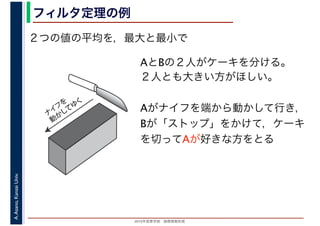 2016年度秋学期　画像情報処理
A.Asano,KansaiUniv. フィルタ定理の例
２つの値の平均を，最大と最小で
ナ
イ
フ
を
動
か
して
ゆ
く
AとBの２人がケーキを分ける。
２人とも大きい方がほしい。
Aがナイフを端から動かして行き，
Bが「ストップ」をかけて，ケーキ
を切ってAが好きな方をとる
 