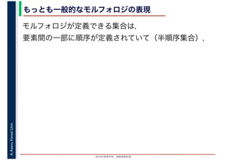 2016年度秋学期　画像情報処理
A.Asano,KansaiUniv. もっとも一般的なモルフォロジの表現
モルフォロジが定義できる集合は，
要素間の一部に順序が定義されていて（半順序集合），
 