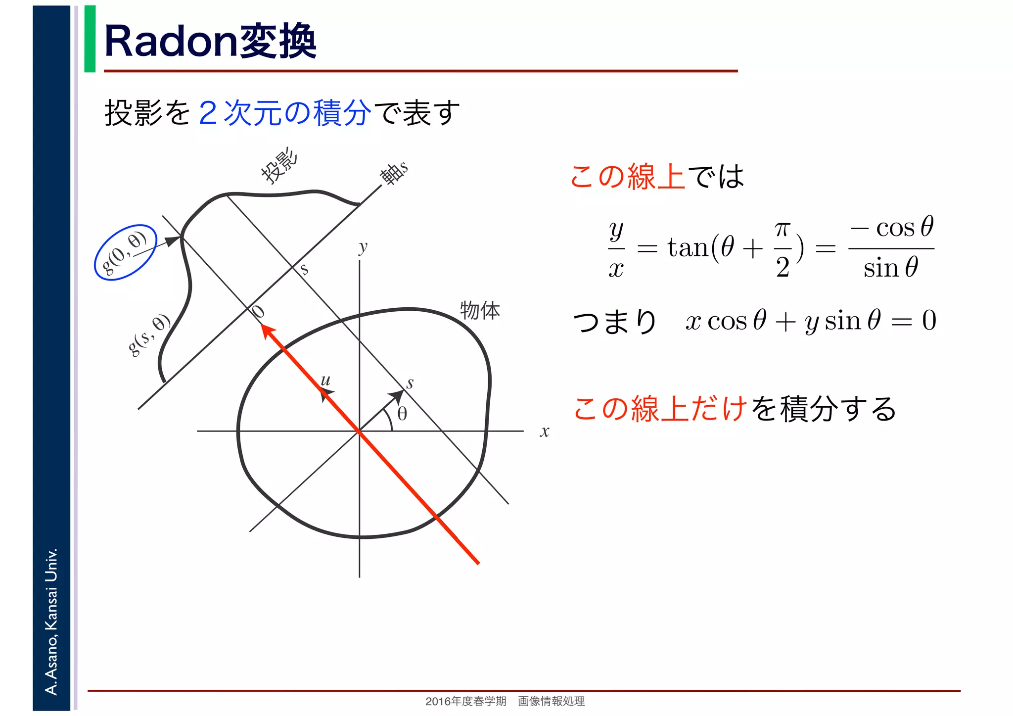 2016年度秋学期　画像情報処理
A.Asano,KansaiUniv. Radon変換
投影を２次元の積分で表す
x
y
θ
s
軸
s
g(s, θ)
u
物体
投
影
0
g(0, θ)
s
この線上では
y
x
= tan(θ +
π
2
) =
− cos θ
sin θ
x cos θ + y sin θ = 0つまり
この線上だけを積分する
 