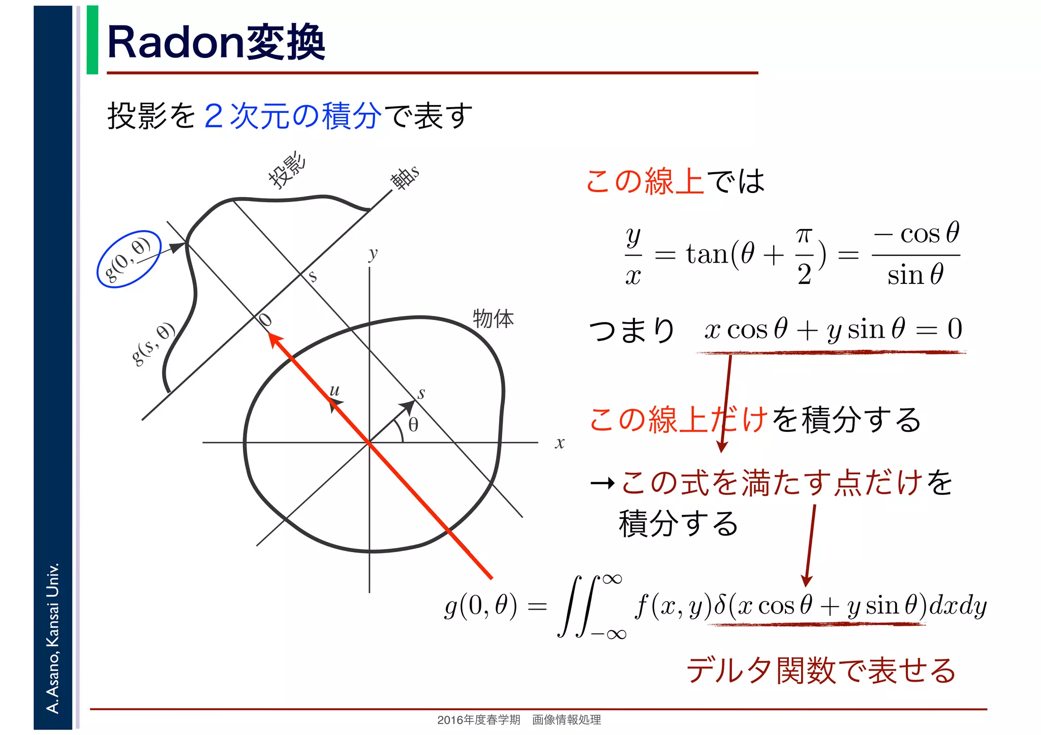 2016年度秋学期　画像情報処理
A.Asano,KansaiUniv. Radon変換
投影を２次元の積分で表す
x
y
θ
s
軸
s
g(s, θ)
u
物体
投
影
0
g(0, θ)
s
この線上では
y
x
= tan(θ +
π
2
) =
− cos θ
sin θ
x cos θ + y sin θ = 0つまり
この線上だけを積分する
→この式を満たす点だけを
　積分する
( )
g(0, θ) =
∞
−∞
f(x, y)δ(x cos θ + y sin θ)dxdy
デルタ関数で表せる
 