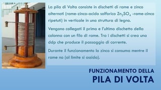 FUNZIONAMENTO DELLA
PILA DI VOLTA
La pila di Volta consiste in dischetti di rame e zinco
alternati (rame-zinco-acido solforico Zn2SO4 -rame-zinco
ripetuti) in verticale in una struttura di legno.
Vengono collegati il primo e l’ultimo dischetto della
colonna con un filo di rame. Tra i dischetti si crea una
ddp che produce il passaggio di corrente.
Durante il funzionamento lo zinco si consuma mentre il
rame no (al limite si ossida).
 