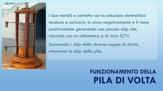 FUNZIONAMENTO DELLA
PILA DI VOLTA
I due metalli a contatto con la soluzione elettrolitica
tendono a caricarsi; lo zinco negativamente e il rame
positivamente generando una piccola ddp che,
misurata con un voltometro, è di circa 0,7V.
Sommando i ddp delle diverse coppie di dischi,
otteniamo la ddp della pila.
 