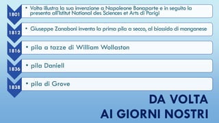 DA VOLTA
AI GIORNI NOSTRI
1801
• Volta illustra la sua invenzione a Napoleone Bonaparte e in seguito la
presenta all’Istitut National des Sciences et Arts di Parigi
1812
• Giuseppe Zanaboni inventa la prima pila a secco, al biossido di manganese
1816
• pila a tazze di William Wollaston
1836
• pila Daniell
1838
• pila di Grove
 
