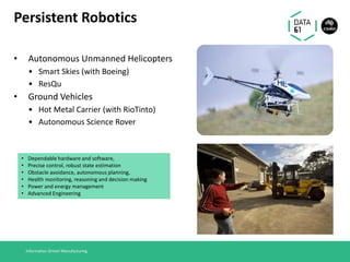 Persistent Robotics
• Autonomous Unmanned Helicopters
• Smart Skies (with Boeing)
• ResQu
• Ground Vehicles
• Hot Metal Ca...
