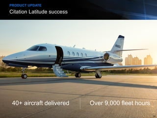 Citation Latitude success
PRODUCT UPDATE
40+ aircraft delivered Over 9,000 fleet hours
14
 