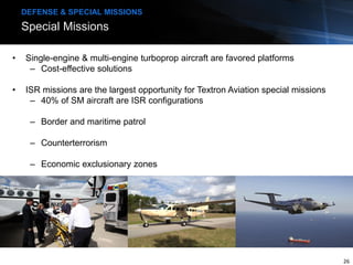 Special Missions
DEFENSE & SPECIAL MISSIONS
• Single-engine & multi-engine turboprop aircraft are favored platforms
– Cost-effective solutions
• ISR missions are the largest opportunity for Textron Aviation special missions
– 40% of SM aircraft are ISR configurations
– Border and maritime patrol
– Counterterrorism
– Economic exclusionary zones
26
 