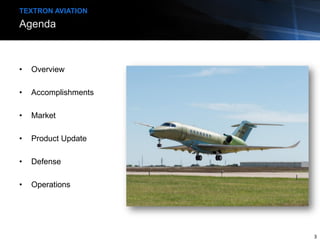 • Overview
• Accomplishments
• Market
• Product Update
• Defense
• Operations
Agenda
TEXTRON AVIATION
3
 