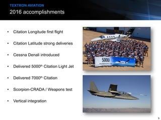 • Citation Longitude first flight
• Citation Latitude strong deliveries
• Cessna Denali introduced
• Delivered 5000th Citation Light Jet
• Delivered 7000th Citation
• Scorpion-CRADA / Weapons test
• Vertical integration
2016 accomplishments
TEXTRON AVIATION
9
 