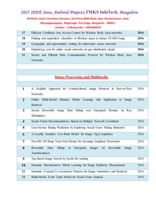 2015 IEEE Java, Android Projects,TMKS InfoTech, Bangalore
#1510,Sri Gowri Shankara Complex, 2nd Floor,MKK Road, Near Harishchandra Ghat,
Mariyappanapalya, Rajajinagar 2nd Stage, Bangalore - 560021.
Contact :: K.Manjunath -- 09535866270
17 Efficient Certificate less Access Control for Wireless Body Area networks 2016
18 Finding non equivalent classifiers in Boolean space to reduce TCAM Usage 2016
19 Geographic and opportunistic routing for underwater sensor networks 2016
20 Optimizing cost for online social networks on geo-distributed clouds 2016
21 Secure and Efficient Data Communication Protocol for Wireless Body Area
Networks
2016
Image Processing and Multimedia
1 A Scalable Approach for Content-Based Image Retrieval in Peer-to-Peer
Networks
2016
2 Online Multi-Modal Distance Metric Learning with Application to Image
Retrieval
2016
3 Secure Reversible Image Data Hiding over Encrypted Domain via Key
Modulation
2016
4 Social Friend Recommendation Based on Multiple Network Correlation 2016
5 User-Service Rating Prediction by Exploring Social Users’ Rating Behaviors 2016
6 A Locality Sensitive Low-Rank Model for Image Tag Completion 2016
7 Pass BY OP Bring Your Own Picture for Securing Graphical Passwords 2016
8 Reversible Data Hiding in Encrypted Images by Reversible Image
Transformation
2016
9 Tag Based Image Search by Social Re-ranking 2016
10 Semantic Discriminative Metric Learning for Image Similarity Measurement 2016
11 Semantic Concept Co-occurrence Patterns for Image Annotation and Retrieval 2016
12 Multi-Modal Event Topic Model for Social Event Analysis 2016
 