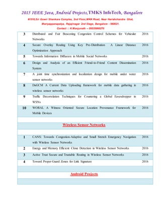 2015 IEEE Java, Android Projects,TMKS InfoTech, Bangalore
#1510,Sri Gowri Shankara Complex, 2nd Floor,MKK Road, Near Harishchandra Ghat,
Mariyappanapalya, Rajajinagar 2nd Stage, Bangalore - 560021.
Contact :: K.Manjunath -- 09535866270
3 Distributed and Fair Beaconing Congestion Control Schemes for Vehicular
Networks
2016
4 Secure Overlay Routing Using Key Pre-Distribution A Linear Distance
Optimization Approach
2016
5 Towards Information Diffusion in Mobile Social Networks 2016
6 Design and Analysis of an Efficient Friend-to-Friend Content Dissemination
System
2016
7 A joint time synchronization and localization design for mobile under water
sensor networks
2016
8 DaGCM A Current Data Uploading framework for mobile data gathering in
wireless sensor networks
2016
9 Traffic Decorrelation Techniques for Countering a Global Eavesdropper in
WSNs
2016
10 WORAL A Witness Oriented Secure Location Provenance Framework for
Mobile Devices
2016
Wireless Sensor Networks
1 CANS: Towards Congestion-Adaptive and Small Stretch Emergency Navigation
with Wireless Sensor Networks
2016
2 Energy and Memory Efficient Clone Detection in Wireless Sensor Networks 2016
3 Active Trust Secure and Trustable Routing in Wireless Sensor Networks 2016
4 Toward Proper Guard Zones for Link Signature 2016
Android Projects
 