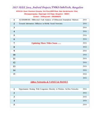2015 IEEE Java, Android Projects,TMKS InfoTech, Bangalore
#1510,Sri Gowri Shankara Complex, 2nd Floor,MKK Road, Near Harishchandra Ghat,
Mariyappanapalya, Rajajinagar 2nd Stage, Bangalore - 560021.
Contact :: K.Manjunath -- 09535866270
1 ALTERDROID: Differential Fault Analysis of Obfuscated Smartphone Malware 2016
2 Towards Information Diffusion in Mobile Social Networks 2016
3 2016
4 2016
5 2016
6 2016
7 Updating More Titles Soon ….. 2016
8 2016
9 2016
10 2016
11 2016
12 2016
13 2016
14 2016
15 2016
2016
Adhoc Networks & VANET & MANET
1 Opportunistic Routing With Congestion Diversity in Wireless Ad Hoc Networks 2016
2 2016
3 2016
4 2016
5 2016
 
