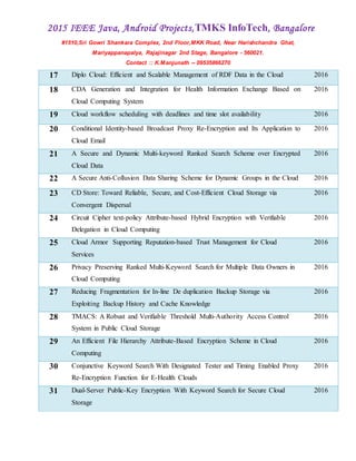 2015 IEEE Java, Android Projects,TMKS InfoTech, Bangalore
#1510,Sri Gowri Shankara Complex, 2nd Floor,MKK Road, Near Harishchandra Ghat,
Mariyappanapalya, Rajajinagar 2nd Stage, Bangalore - 560021.
Contact :: K.Manjunath -- 09535866270
17 Diplo Cloud: Efficient and Scalable Management of RDF Data in the Cloud 2016
18 CDA Generation and Integration for Health Information Exchange Based on
Cloud Computing System
2016
19 Cloud workflow scheduling with deadlines and time slot availability 2016
20 Conditional Identity-based Broadcast Proxy Re-Encryption and Its Application to
Cloud Email
2016
21 A Secure and Dynamic Multi-keyword Ranked Search Scheme over Encrypted
Cloud Data
2016
22 A Secure Anti-Collusion Data Sharing Scheme for Dynamic Groups in the Cloud 2016
23 CD Store: Toward Reliable, Secure, and Cost-Efficient Cloud Storage via
Convergent Dispersal
2016
24 Circuit Cipher text-policy Attribute-based Hybrid Encryption with Verifiable
Delegation in Cloud Computing
2016
25 Cloud Armor Supporting Reputation-based Trust Management for Cloud
Services
2016
26 Privacy Preserving Ranked Multi-Keyword Search for Multiple Data Owners in
Cloud Computing
2016
27 Reducing Fragmentation for In-line De duplication Backup Storage via
Exploiting Backup History and Cache Knowledge
2016
28 TMACS: A Robust and Verifiable Threshold Multi-Authority Access Control
System in Public Cloud Storage
2016
29 An Efficient File Hierarchy Attribute-Based Encryption Scheme in Cloud
Computing
2016
30 Conjunctive Keyword Search With Designated Tester and Timing Enabled Proxy
Re-Encryption Function for E-Health Clouds
2016
31 Dual-Server Public-Key Encryption With Keyword Search for Secure Cloud
Storage
2016
 