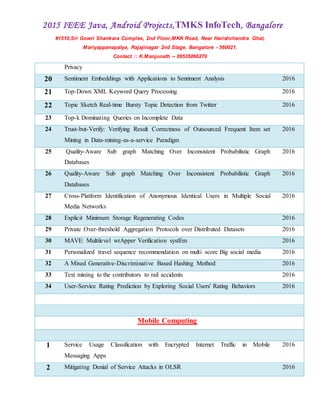 2015 IEEE Java, Android Projects,TMKS InfoTech, Bangalore
#1510,Sri Gowri Shankara Complex, 2nd Floor,MKK Road, Near Harishchandra Ghat,
Mariyappanapalya, Rajajinagar 2nd Stage, Bangalore - 560021.
Contact :: K.Manjunath -- 09535866270
Privacy
20 Sentiment Embeddings with Applications to Sentiment Analysis 2016
21 Top-Down XML Keyword Query Processing 2016
22 Topic Sketch Real-time Bursty Topic Detection from Twitter 2016
23 Top-k Dominating Queries on Incomplete Data
24 Trust-but-Verify: Verifying Result Correctness of Outsourced Frequent Item set
Mining in Data-mining-as-a-service Paradigm
2016
25 Quality-Aware Sub graph Matching Over Inconsistent Probabilistic Graph
Databases
2016
26 Quality-Aware Sub graph Matching Over Inconsistent Probabilistic Graph
Databases
2016
27 Cross-Platform Identification of Anonymous Identical Users in Multiple Social
Media Networks
2016
28 Explicit Minimum Storage Regenerating Codes 2016
29 Private Over-threshold Aggregation Protocols over Distributed Datasets 2016
30 MAVE: Multilevel wrApper Verification systEm 2016
31 Personalized travel sequence recommendation on multi score Big social media 2016
32 A Mixed Generative-Discriminative Based Hashing Method 2016
33 Text mining to the contributors to rail accidents 2016
34 User-Service Rating Prediction by Exploring Social Users' Rating Behaviors 2016
Mobile Computing
1 Service Usage Classification with Encrypted Internet Traffic in Mobile
Messaging Apps
2016
2 Mitigating Denial of Service Attacks in OLSR 2016
 