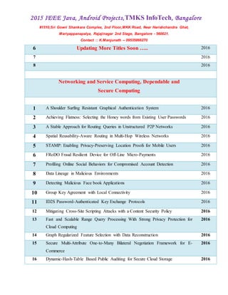 2015 IEEE Java, Android Projects,TMKS InfoTech, Bangalore
#1510,Sri Gowri Shankara Complex, 2nd Floor,MKK Road, Near Harishchandra Ghat,
Mariyappanapalya, Rajajinagar 2nd Stage, Bangalore - 560021.
Contact :: K.Manjunath -- 09535866270
6 Updating More Titles Soon ….. 2016
7 2016
8 2016
Networking and Service Computing, Dependable and
Secure Computing
1 A Shoulder Surfing Resistant Graphical Authentication System 2016
2 Achieving Flatness: Selecting the Honey words from Existing User Passwords 2016
3 A Stable Approach for Routing Queries in Unstructured P2P Networks 2016
4 Spatial Reusability-Aware Routing in Multi-Hop Wireless Networks 2016
5 STAMP: Enabling Privacy-Preserving Location Proofs for Mobile Users 2016
6 FRoDO Fraud Resilient Device for Off-Line Micro-Payments 2016
7 Profiling Online Social Behaviors for Compromised Account Detection 2016
8 Data Lineage in Malicious Environments 2016
9 Detecting Malicious Face book Applications 2016
10 Group Key Agreement with Local Connectivity 2016
11 ID2S Password-Authenticated Key Exchange Protocols 2016
12 Mitigating Cross-Site Scripting Attacks with a Content Security Policy 2016
13 Fast and Scalable Range Query Processing With Strong Privacy Protection for
Cloud Computing
2016
14 Graph Regularized Feature Selection with Data Reconstruction 2016
15 Secure Multi-Attribute One-to-Many Bilateral Negotiation Framework for E-
Commerce
2016
16 Dynamic-Hash-Table Based Public Auditing for Secure Cloud Storage 2016
 