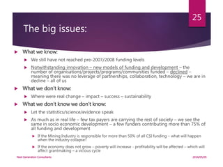 The big issues:
 What we know:
 We still have not reached pre-2007/2008 funding levels
 Notwithstanding innovation – new models of funding and development – the
number of organisations/projects/programs/communities funded – declined –
meaning there was no leverage of partnerships, collaboration, technology – we are in
decline – all of us
 What we don’t know:
 Where were real change – impact – success – sustainability
 What we don’t know we don’t know:
 Let the statistics/science/evidence speak
 As much as in real life – few tax payers are carrying the rest of society – we see the
same in socio economic development – a few funders contributing more than 75% of
all funding and development
 If the Mining Industry is responsible for more than 50% of all CSI funding – what will happen
when the industry collapse?
 If the economy does not grow – poverty will increase - profitability will be affected – which will
affect grantmaking – a vicious cycle
2016/05/05Next Generation Consultants
25
 