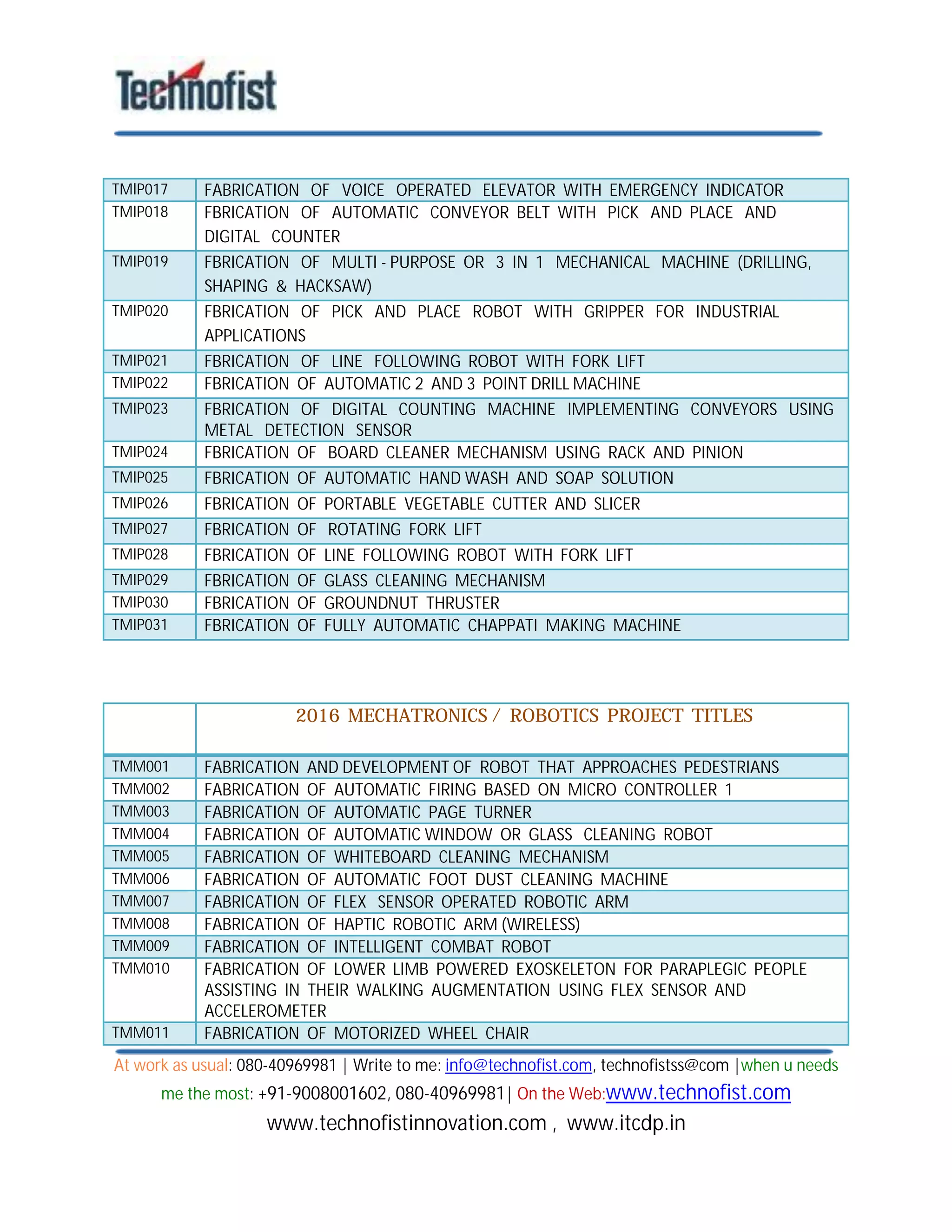 At work as usual: 080-40969981 | Write to me: info@technofist.com, technofistss@com |when u needs
me the most: +91-9008001602, 080-40969981| On the Web:www.technofist.com
www.technofistinnovation.com , www.itcdp.in
TMIP017 FABRICATION OF VOICE OPERATED ELEVATOR WITH EMERGENCY INDICATOR
TMIP018 FBRICATION OF AUTOMATIC CONVEYOR BELT WITH PICK AND PLACE AND
DIGITAL COUNTER
TMIP019 FBRICATION OF MULTI - PURPOSE OR 3 IN 1 MECHANICAL MACHINE (DRILLING,
SHAPING & HACKSAW)
TMIP020 FBRICATION OF PICK AND PLACE ROBOT WITH GRIPPER FOR INDUSTRIAL
APPLICATIONS
TMIP021 FBRICATION OF LINE FOLLOWING ROBOT WITH FORK LIFT
TMIP022 FBRICATION OF AUTOMATIC 2 AND 3 POINT DRILL MACHINE
TMIP023 FBRICATION OF DIGITAL COUNTING MACHINE IMPLEMENTING CONVEYORS USING
METAL DETECTION SENSOR
TMIP024 FBRICATION OF BOARD CLEANER MECHANISM USING RACK AND PINION
TMIP025 FBRICATION OF AUTOMATIC HAND WASH AND SOAP SOLUTION
TMIP026 FBRICATION OF PORTABLE VEGETABLE CUTTER AND SLICER
TMIP027 FBRICATION OF ROTATING FORK LIFT
TMIP028 FBRICATION OF LINE FOLLOWING ROBOT WITH FORK LIFT
TMIP029 FBRICATION OF GLASS CLEANING MECHANISM
TMIP030 FBRICATION OF GROUNDNUT THRUSTER
TMIP031 FBRICATION OF FULLY AUTOMATIC CHAPPATI MAKING MACHINE
2016 MECHATRONICS / ROBOTICS PROJECT TITLES
TMM001 FABRICATION AND DEVELOPMENT OF ROBOT THAT APPROACHES PEDESTRIANS
TMM002 FABRICATION OF AUTOMATIC FIRING BASED ON MICRO CONTROLLER 1
TMM003 FABRICATION OF AUTOMATIC PAGE TURNER
TMM004 FABRICATION OF AUTOMATIC WINDOW OR GLASS CLEANING ROBOT
TMM005 FABRICATION OF WHITEBOARD CLEANING MECHANISM
TMM006 FABRICATION OF AUTOMATIC FOOT DUST CLEANING MACHINE
TMM007 FABRICATION OF FLEX SENSOR OPERATED ROBOTIC ARM
TMM008 FABRICATION OF HAPTIC ROBOTIC ARM (WIRELESS)
TMM009 FABRICATION OF INTELLIGENT COMBAT ROBOT
TMM010 FABRICATION OF LOWER LIMB POWERED EXOSKELETON FOR PARAPLEGIC PEOPLE
ASSISTING IN THEIR WALKING AUGMENTATION USING FLEX SENSOR AND
ACCELEROMETER
TMM011 FABRICATION OF MOTORIZED WHEEL CHAIR
 