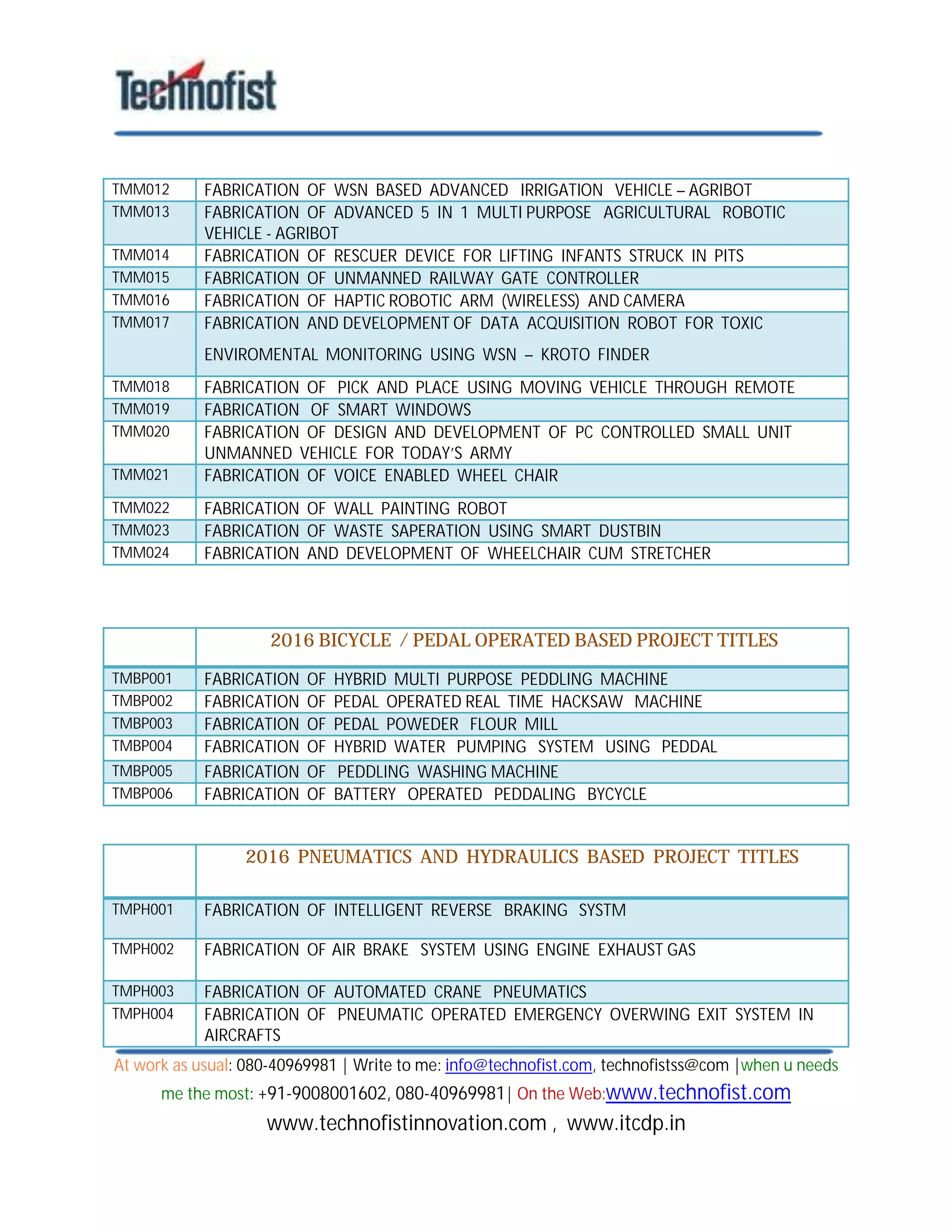 At work as usual: 080-40969981 | Write to me: info@technofist.com, technofistss@com |when u needs
me the most: +91-9008001602, 080-40969981| On the Web:www.technofist.com
www.technofistinnovation.com , www.itcdp.in
TMM012 FABRICATION OF WSN BASED ADVANCED IRRIGATION VEHICLE – AGRIBOT
TMM013 FABRICATION OF ADVANCED 5 IN 1 MULTI PURPOSE AGRICULTURAL ROBOTIC
VEHICLE - AGRIBOT
TMM014 FABRICATION OF RESCUER DEVICE FOR LIFTING INFANTS STRUCK IN PITS
TMM015 FABRICATION OF UNMANNED RAILWAY GATE CONTROLLER
TMM016 FABRICATION OF HAPTIC ROBOTIC ARM (WIRELESS) AND CAMERA
TMM017 FABRICATION AND DEVELOPMENT OF DATA ACQUISITION ROBOT FOR TOXIC
ENVIROMENTAL MONITORING USING WSN – KROTO FINDER
TMM018 FABRICATION OF PICK AND PLACE USING MOVING VEHICLE THROUGH REMOTE
TMM019 FABRICATION OF SMART WINDOWS
TMM020 FABRICATION OF DESIGN AND DEVELOPMENT OF PC CONTROLLED SMALL UNIT
UNMANNED VEHICLE FOR TODAY’S ARMY
TMM021 FABRICATION OF VOICE ENABLED WHEEL CHAIR
TMM022 FABRICATION OF WALL PAINTING ROBOT
TMM023 FABRICATION OF WASTE SAPERATION USING SMART DUSTBIN
TMM024 FABRICATION AND DEVELOPMENT OF WHEELCHAIR CUM STRETCHER
2016 BICYCLE / PEDAL OPERATED BASED PROJECT TITLES
TMBP001 FABRICATION OF HYBRID MULTI PURPOSE PEDDLING MACHINE
TMBP002 FABRICATION OF PEDAL OPERATED REAL TIME HACKSAW MACHINE
TMBP003 FABRICATION OF PEDAL POWEDER FLOUR MILL
TMBP004 FABRICATION OF HYBRID WATER PUMPING SYSTEM USING PEDDAL
TMBP005 FABRICATION OF PEDDLING WASHING MACHINE
TMBP006 FABRICATION OF BATTERY OPERATED PEDDALING BYCYCLE
2016 PNEUMATICS AND HYDRAULICS BASED PROJECT TITLES
TMPH001 FABRICATION OF INTELLIGENT REVERSE BRAKING SYSTM
TMPH002 FABRICATION OF AIR BRAKE SYSTEM USING ENGINE EXHAUST GAS
TMPH003 FABRICATION OF AUTOMATED CRANE PNEUMATICS
TMPH004 FABRICATION OF PNEUMATIC OPERATED EMERGENCY OVERWING EXIT SYSTEM IN
AIRCRAFTS
 