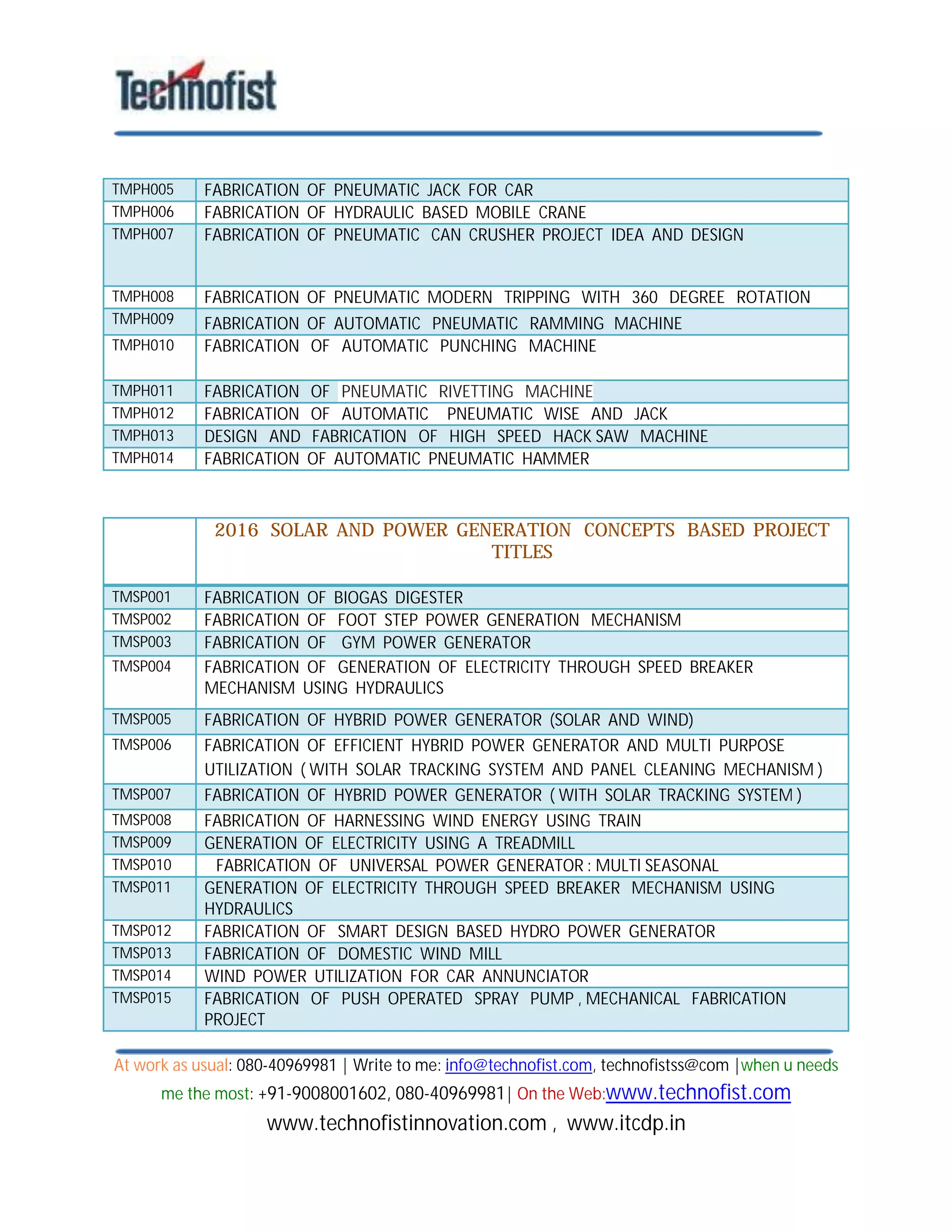 At work as usual: 080-40969981 | Write to me: info@technofist.com, technofistss@com |when u needs
me the most: +91-9008001602, 080-40969981| On the Web:www.technofist.com
www.technofistinnovation.com , www.itcdp.in
TMPH005 FABRICATION OF PNEUMATIC JACK FOR CAR
TMPH006 FABRICATION OF HYDRAULIC BASED MOBILE CRANE
TMPH007 FABRICATION OF PNEUMATIC CAN CRUSHER PROJECT IDEA AND DESIGN
TMPH008 FABRICATION OF PNEUMATIC MODERN TRIPPING WITH 360 DEGREE ROTATION
TMPH009 FABRICATION OF AUTOMATIC PNEUMATIC RAMMING MACHINE
TMPH010 FABRICATION OF AUTOMATIC PUNCHING MACHINE
TMPH011 FABRICATION OF PNEUMATIC RIVETTING MACHINE
TMPH012 FABRICATION OF AUTOMATIC PNEUMATIC WISE AND JACK
TMPH013 DESIGN AND FABRICATION OF HIGH SPEED HACK SAW MACHINE
TMPH014 FABRICATION OF AUTOMATIC PNEUMATIC HAMMER
2016 SOLAR AND POWER GENERATION CONCEPTS BASED PROJECT
TITLES
TMSP001 FABRICATION OF BIOGAS DIGESTER
TMSP002 FABRICATION OF FOOT STEP POWER GENERATION MECHANISM
TMSP003 FABRICATION OF GYM POWER GENERATOR
TMSP004 FABRICATION OF GENERATION OF ELECTRICITY THROUGH SPEED BREAKER
MECHANISM USING HYDRAULICS
TMSP005 FABRICATION OF HYBRID POWER GENERATOR (SOLAR AND WIND)
TMSP006 FABRICATION OF EFFICIENT HYBRID POWER GENERATOR AND MULTI PURPOSE
UTILIZATION ( WITH SOLAR TRACKING SYSTEM AND PANEL CLEANING MECHANISM )
TMSP007 FABRICATION OF HYBRID POWER GENERATOR ( WITH SOLAR TRACKING SYSTEM )
TMSP008 FABRICATION OF HARNESSING WIND ENERGY USING TRAIN
TMSP009 GENERATION OF ELECTRICITY USING A TREADMILL
TMSP010 FABRICATION OF UNIVERSAL POWER GENERATOR : MULTI SEASONAL
TMSP011 GENERATION OF ELECTRICITY THROUGH SPEED BREAKER MECHANISM USING
HYDRAULICS
TMSP012 FABRICATION OF SMART DESIGN BASED HYDRO POWER GENERATOR
TMSP013 FABRICATION OF DOMESTIC WIND MILL
TMSP014 WIND POWER UTILIZATION FOR CAR ANNUNCIATOR
TMSP015 FABRICATION OF PUSH OPERATED SPRAY PUMP , MECHANICAL FABRICATION
PROJECT
 