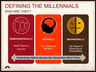 10
DEMOGRAPHICALLY
Upper Teens to
mid-30’s
MENTALLY
The “Millennial
Mentality”
BEHAVIORALLY
Life Stages &
Response to
Bran...