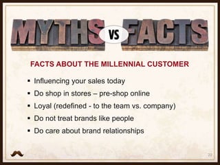 23
1. Up & Comers
2. Eclectic
3. Trendsetters
4. Mavens
5. Skeptics
NOT ALL MILLENNIAL CUSTOMERS
ARE THE SAME!
MILLENNIAL ...