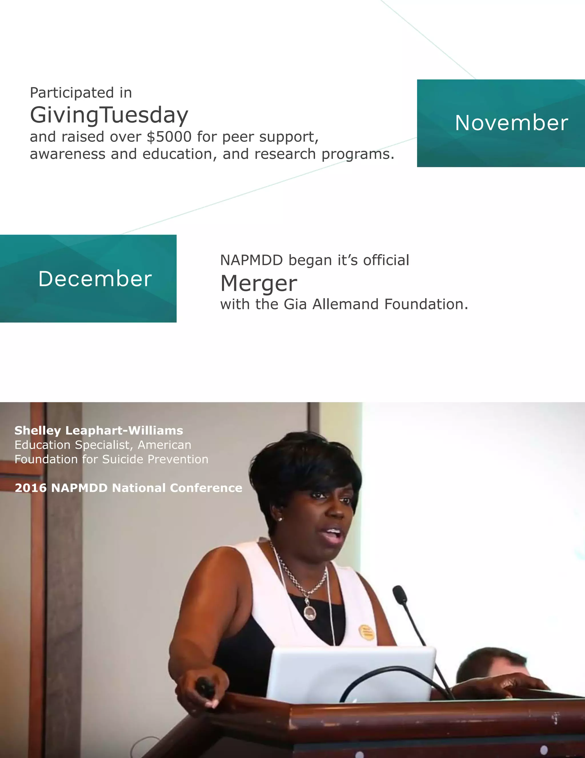NAPMDD began it’s official
Merger
with the Gia Allemand Foundation.
December
November
Shelley Leaphart-Williams
Education Specialist, American
Foundation for Suicide Prevention
2016 NAPMDD National Conference
Participated in
GivingTuesday
and raised over $5000 for peer support,
awareness and education, and research programs.
 