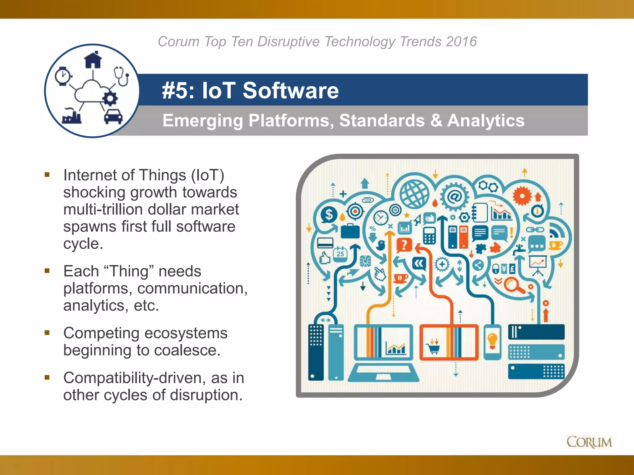 20
Emerging Platforms, Standards & Analytics
#5: IoT Software
 Internet of Things (IoT)
shocking growth towards
multi-trillion dollar market
spawns first full software
cycle.
 Each “Thing” needs
platforms, communication,
analytics, etc.
 Competing ecosystems
beginning to coalesce.
 Compatibility-driven, as in
other cycles of disruption.
Corum Top Ten Disruptive Technology Trends 2016
 