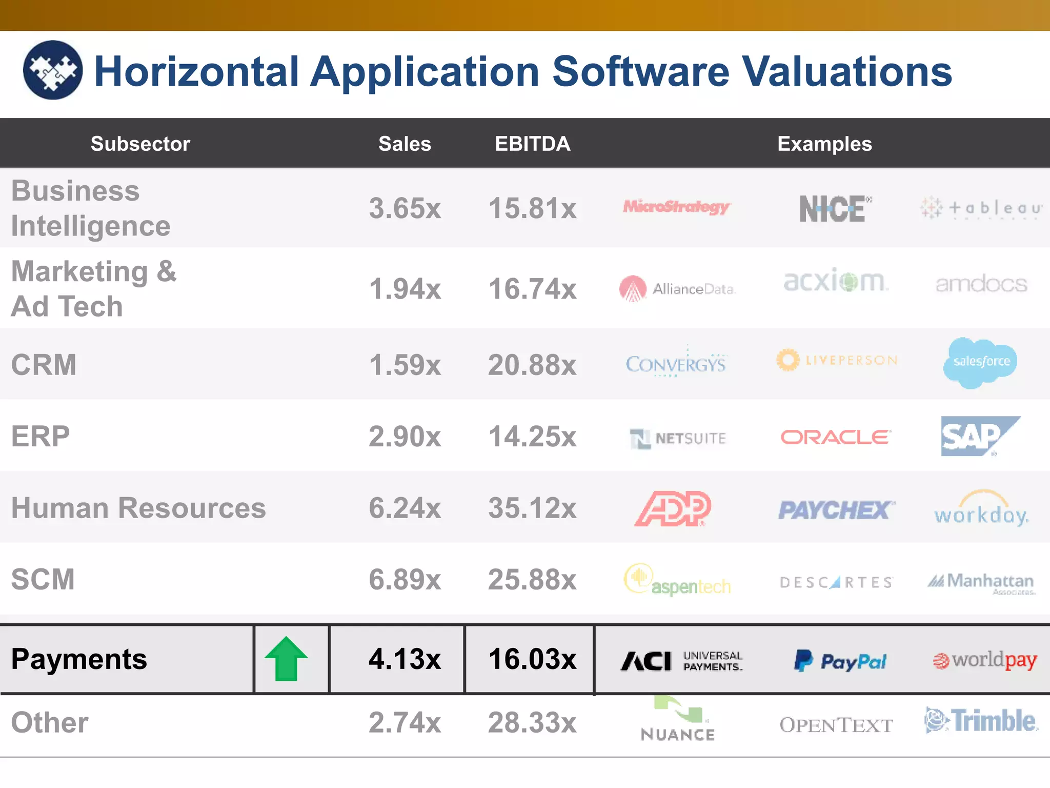 60
Subsector Sales EBITDA Examples
Business
Intelligence
3.65x 15.81x
Marketing &
Ad Tech
1.94x 16.74x
CRM 1.59x 20.88x
ERP 2.90x 14.25x
Human Resources 6.24x 35.12x
SCM 6.89x 25.88x
Other 2.74x 28.33x
Horizontal Application Software Valuations
Payments 4.13x 16.03x
 