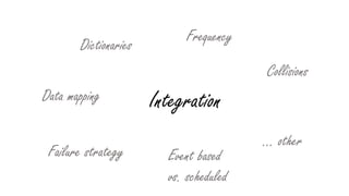 IntegrationData mapping
Dictionaries
Frequency
Collisions
Event based
vs. scheduled
Failure strategy
… other
 