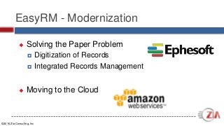 ©2016 Zia Consulting, Inc
EasyRM - Modernization
 Solving the Paper Problem
 Digitization of Records
 Integrated Records Management
 Moving to the Cloud
 