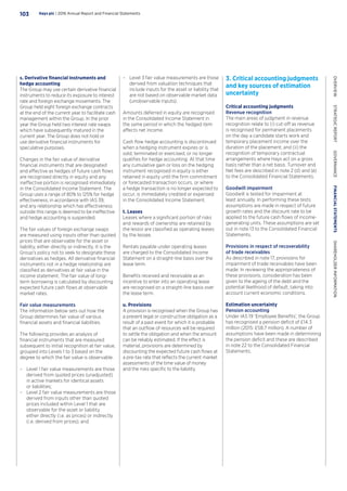 s. Derivative financial instruments and
hedge accounting
The Group may use certain derivative financial
instruments to reduce its exposure to interest
rate and foreign exchange movements. The
Group held eight foreign exchange contracts
at the end of the current year to facilitate cash
management within the Group. In the prior
year the Group held two interest rate swaps
which have subsequently matured in the
current year. The Group does not hold or
use derivative financial instruments for
speculative purposes.
Changes in the fair value of derivative
financial instruments that are designated
and effective as hedges of future cash flows
are recognised directly in equity and any
ineffective portion is recognised immediately
in the Consolidated Income Statement. The
Group uses a range of 80% to 125% for hedge
effectiveness, in accordance with IAS 39,
and any relationship which has effectiveness
outside this range is deemed to be ineffective
and hedge accounting is suspended.
The fair values of foreign exchange swaps
are measured using inputs other than quoted
prices that are observable for the asset or
liability, either directly or indirectly. It is the
Group’s policy not to seek to designate these
derivatives as hedges. All derivative financial
instruments not in a hedge relationship are
classified as derivatives at fair value in the
income statement. The fair value of long-
term borrowing is calculated by discounting
expected future cash flows at observable
market rates.
Fair value measurements
The information below sets out how the
Group determines fair value of various
financial assets and financial liabilities.
The following provides an analysis of
financial instruments that are measured
subsequent to initial recognition at fair value,
grouped into Levels 1 to 3 based on the
degree to which the fair value is observable.
–– Level 1 fair value measurements are those
derived from quoted prices (unadjusted)
in active markets for identical assets
or liabilities;
–– Level 2 fair value measurements are those
derived from inputs other than quoted
prices included within Level 1 that are
observable for the asset or liability
either directly (i.e. as prices) or indirectly
(i.e. derived from prices); and
–– Level 3 fair value measurements are those
derived from valuation techniques that
include inputs for the asset or liability that
are not based on observable market data
(unobservable inputs).
Amounts deferred in equity are recognised
in the Consolidated Income Statement in
the same period in which the hedged item
affects net income.
Cash flow hedge accounting is discontinued
when a hedging instrument expires or is
sold, terminated or exercised, or no longer
qualifies for hedge accounting. At that time
any cumulative gain or loss on the hedging
instrument recognised in equity is either
retained in equity until the firm commitment
or forecasted transaction occurs, or where
a hedge transaction is no longer expected to
occur, is immediately credited or expensed
in the Consolidated Income Statement.
t. Leases
Leases where a significant portion of risks
and rewards of ownership are retained by
the lessor are classified as operating leases
by the lessee.
Rentals payable under operating leases
are charged to the Consolidated Income
Statement on a straight-line basis over the
lease term.
Benefits received and receivable as an
incentive to enter into an operating lease
are recognised on a straight-line basis over
the lease term.
u. Provisions
A provision is recognised when the Group has
a present legal or constructive obligation as a
result of a past event for which it is probable
that an outflow of resources will be required
to settle the obligation and when the amount
can be reliably estimated. If the effect is
material, provisions are determined by
discounting the expected future cash flows at
a pre-tax rate that reflects the current market
assessments of the time value of money
and the risks specific to the liability.
3. Critical accounting judgments
and key sources of estimation
uncertainty
Critical accounting judgments
Revenue recognition
The main areas of judgment in revenue
recognition relate to (i) cut-off as revenue
is recognised for permanent placements
on the day a candidate starts work and
temporary placement income over the
duration of the placement; and (ii) the
recognition of temporary contractual
arrangements where Hays act on a gross
basis rather than a net basis. Turnover and
Net fees are described in note 2 (d) and (e)
to the Consolidated Financial Statements.
Goodwill impairment
Goodwill is tested for impairment at
least annually. In performing these tests
assumptions are made in respect of future
growth rates and the discount rate to be
applied to the future cash flows of income-
generating units. These assumptions are set
out in note 13 to the Consolidated Financial
Statements.
Provisions in respect of recoverability
of trade receivables
As described in note 17, provisions for
impairment of trade receivables have been
made. In reviewing the appropriateness of
these provisions, consideration has been
given to the ageing of the debt and the
potential likelihood of default, taking into
account current economic conditions.
Estimation uncertainty
Pension accounting
Under IAS 19 ‘Employee Benefits’, the Group
has recognised a pension deficit of £14.3
million (2015: £58.7 million). A number of
assumptions have been made in determining
the pension deficit and these are described
in note 22 to the Consolidated Financial
Statements.
Hays plc | 2016 Annual Report and Financial Statements103
OVERVIEW  STRATEGICREPORT  GOVERNANCE  FINANCIALSTATEMENTS  SHAREHOLDERINFORMATION
 