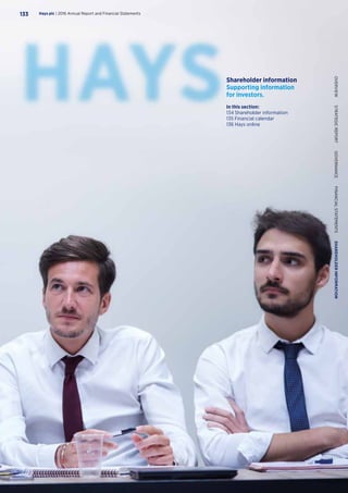Shareholder information
Supporting information
for investors.
In this section:
134	Shareholder information
135 Financial calendar
136 Hays online
Hays plc | 2016 Annual Report and Financial Statements133
OVERVIEW  STRATEGICREPORT  GOVERNANCE  FINANCIALSTATEMENTS  SHAREHOLDERINFORMATION
 