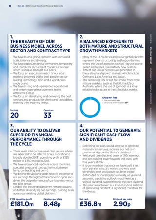 Group net fees
1. Mature markets 61%
2. Structural growth markets 39%
1.
2.
1.
THE BREADTH OF OUR
BUSINESS MODEL ACROSS
SECTOR AND CONTRACT TYPE
–– We have built a global platform with unrivalled
scale, balance and diversity.
–– We have exposure across permanent, temporary
and contractor recruitment markets at a scale,
which is unique amongst our peers.
–– We focus on execution in each of our local
markets delivered by the best people, sector-
leading technology, tools and a world-class
single brand.
–– We have strong and experienced operational
and senior regional management teams
across the Group.
–– We focus on developing and delivering the best
services and products for clients and candidates,
meeting their evolving needs.
3.
OUR ABILITY TO DELIVER
SUPERIOR FINANCIAL
PERFORMANCE THROUGH
THE CYCLE
–– Three years into our five-year plan, we are where
we expected to be in terms of our aspiration to
broadly double 2013’s operating profit of £125
million to £250 million in 2018.
–– We have a balanced exposure across countries,
specialist areas and contract forms (between
temp, contracting and perm).
–– We believe this balance adds relative resilience to
our earnings throughout the economic cycle and
drives the outperformance of our business versus
the peer group.
–– Despite this existing balance we remain focused
on further diversifying our earnings, building scale
across our existing global platform.
2.
A BALANCED EXPOSURE TO
BOTH MATURE AND STRUCTURAL
GROWTH MARKETS
–– Many of the 33 countries across our global platform
represent clear structural growth opportunities,
where the use of agencies such as Hays to source
skilled employees is a relatively new practice.
–– 39% of our Group net fees are generated in
these structural growth markets which include
Germany, Latin America and Japan.
–– The remaining 61% of net fees come from more
mature markets, such as the UK, the US or
Australia, where the use of agencies is a long-
established practice in the skilled jobs market.
4.
OUR POTENTIAL TO GENERATE
SIGNIFICANT CASH FLOW
AND DIVIDENDS
–– Delivering our plan would allow us to generate
material cash returns, increase our net cash
position and grow the Group’s dividend.
–– We target core dividend cover of 3.0x earnings
and are building cover towards this level, with
this year’s at 2.9x.
–– It is our intention that once we have built a net
cash position of c.£50 million, any free cash
generated over and above this level will be
distributed to shareholders annually, at year end,
assuming a positive outlook, most likely as a
special dividend, supplementing the core dividend.
–– This year we achieved our long-standing ambition
of eliminating net debt, a significant milestone for
the Group.
Sectors
20
FY16 operating profit
£181.0m
Net cash
£36.8m
Countries
33
Earnings per share
8.48p
Dividend per share
2.90p
Hays plc | 2016 Annual Report and Financial Statements11
OVERVIEW  STRATEGICREPORT  GOVERNANCE  FINANCIALSTATEMENTS  SHAREHOLDERINFORMATION
 
