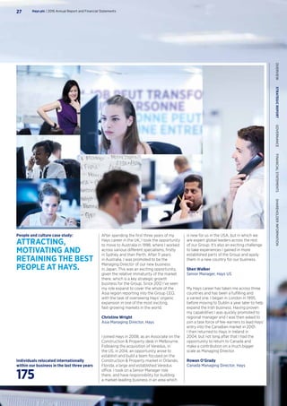 After spending the first three years of my
Hays career in the UK, I took the opportunity
to move to Australia in 1998, where I worked
across various different specialisms, firstly
in Sydney and then Perth. After 11 years
in Australia, I was promoted to be the
Managing Director of our new business
in Japan. This was an exciting opportunity,
given the relative immaturity of the market
there, which is a key strategic growth
business for the Group. Since 2012 I’ve seen
my role expand to cover the whole of the
Asia region reporting into the Group CEO,
with the task of overseeing Hays’ organic
expansion in one of the most exciting,
fast-growing markets in the world.
Christine Wright
Asia Managing Director, Hays
I joined Hays in 2008, as an Associate on the
Construction  Property desk in Melbourne.
Following the acquisition of Veredus, in
the US, in 2014, an opportunity arose to
establish and build a team focused on the
Construction  Property market in Orlando,
Florida, a large and established Veredus
office. I took on a Senior Manager role
there, and have responsibility for building
a market-leading business in an area which
is new for us in the USA, but in which we
are expert global leaders across the rest
of our Group. It’s also an exciting challenge
to take experiences I gained in more
established parts of the Group and apply
them in a new country for our business.
Shen Walker
Senior Manager, Hays US
My Hays career has taken me across three
countries and has been a fulfilling and
a varied one. I began in London in 1995,
before moving to Dublin a year later to help
expand the Irish business. Having proven
my capabilities I was quickly promoted to
regional manager and I was then asked to
join a task force of fee-earners to lead Hays’
entry into the Canadian market in 2001.
I then returned to Hays in Ireland in
2004, but not long after that I had the
opportunity to return to Canada and
make a contribution on a much bigger
scale as Managing Director.
Rowan O’Grady
Canada Managing Director, Hays
People and culture case study:
ATTRACTING,
MOTIVATING AND
RETAINING THE BEST
PEOPLE AT HAYS.
Individuals relocated internationally
within our business in the last three years
175
Hays plc | 2016 Annual Report and Financial Statements27
OVERVIEW  STRATEGICREPORT  GOVERNANCE  FINANCIALSTATEMENTS  SHAREHOLDERINFORMATION
 
