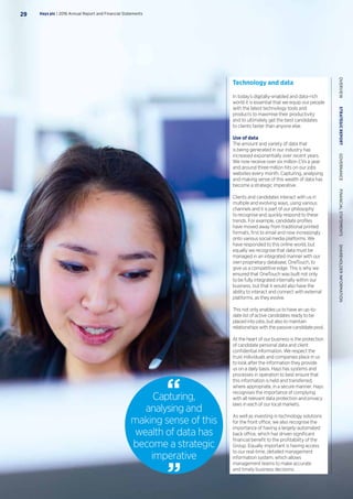 Technology and data
In today’s digitally-enabled and data-rich
world it is essential that we equip our people
with the latest technology tools and
products to maximise their productivity
and to ultimately get the best candidates
to clients faster than anyone else.
Use of data
The amount and variety of data that
is being generated in our industry has
increased exponentially over recent years.
We now receive over six million CVs a year
and around three million hits on our jobs
websites every month. Capturing, analysing
and making sense of this wealth of data has
become a strategic imperative.
Clients and candidates interact with us in
multiple and evolving ways, using various
channels and it is part of our philosophy
to recognise and quickly respond to these
trends. For example, candidate profiles
have moved away from traditional printed
formats, first to email and now increasingly
onto various social media platforms. We
have responded to this online world, but
equally we recognise that data must be
managed in an integrated manner with our
own proprietary database, OneTouch, to
give us a competitive edge. This is why we
ensured that OneTouch was built not only
to be fully integrated internally within our
business, but that it would also have the
ability to interact and connect with external
platforms, as they evolve.
This not only enables us to have an up-to-
date list of active candidates ready to be
placed into jobs, but also to maintain
relationships with the passive candidate pool.
At the heart of our business is the protection
of candidate personal data and client
confidential information. We respect the
trust individuals and companies place in us
to look after the information they provide
us on a daily basis. Hays has systems and
processes in operation to best ensure that
this information is held and transferred,
where appropriate, in a secure manner. Hays
recognises the importance of complying
with all relevant data protection and privacy
laws in each of our local markets.
As well as investing in technology solutions
for the front office, we also recognise the
importance of having a largely-automated
back office, which has driven significant
financial benefit to the profitability of the
Group. Equally important is having access
to our real-time, detailed management
information system, which allows
management teams to make accurate
and timely business decisions.
Capturing,
analysing and
making sense of this
wealth of data has
become a strategic
imperative
Hays plc | 2016 Annual Report and Financial Statements29
OVERVIEW  STRATEGICREPORT  GOVERNANCE  FINANCIALSTATEMENTS  SHAREHOLDERINFORMATION
 