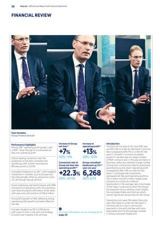 Introduction
Turnover for the year to 30 June 2016 was
up 10% (12% on a like-for-like basis(1)
) and net
fees increased by 6% (7% on a like-for-like
basis(1)
). Growth in turnover exceeded
growth in net fees due to a large number
of MSP contracts won in the year primarily in
Germany, where we inherited a large number
of long-term contractors/interims previously
paid directly by the client. Operating profit
increased by 10% (13% on a like-for-like
basis(1)
). Exchange rate movements
decreased net fees and operating profit by
£16.4 million and £4.5 million respectively,
primarily as a result of a material
depreciation in the average rate of exchange
of the major currencies to which the Group
has exposure versus sterling, most notably
the Australian Dollar and the Euro which
remain significant sensitivities for the Group.
Operating costs were 5% higher than prior
year (5% higher on a like-for-like basis(1)
),
primarily due to a rise in commission
payments in line with net fees and costs
associated with the 6% average increase
in Group consultant headcount.
For more information on our strategy go to
page 20
Performance highlights
Strong 13%(1)
operating profit growth, with
a 40%(1)
drop-through of incremental net
fees into operating profit
Sector-leading conversion rate, the
proportion of net fees converted into
operating profit, further improved by
80 basis points to 22.3%
Consultant headcount up 3%(3)
, with targeted
investment in markets such as Europe and
the USA partially offset by reductions in the
UK, all through natural attrition
Good underlying cash performance with 88%
conversion of operating profit into operating
cash flow driving the elimination of net debt,
with year-end cash position of £36.8 million
Strong EPS growth of 14%, reflecting strong
operating profit growth and lower effective
tax rate
Full year dividend up 5% to 2.90 pence,
with cover of 2.9x, in line with our strategy
to build cover towards 3.0x earnings
Increase in Group
net fees(1)
+7%
2015: +9%
Conversion rate of
Group net fees into
operating profit(2)
+22.3%
2015: +21.5%
Increase in
operating profit(1)
+13%
2015: +25%
Group consultant
headcount up 3%(3)
year-on-year
6,268
2015: 6,113
Hays plc | 2016 Annual Report and Financial Statements38
FINANCIAL REVIEW
Paul Venables
Group Finance Director
 