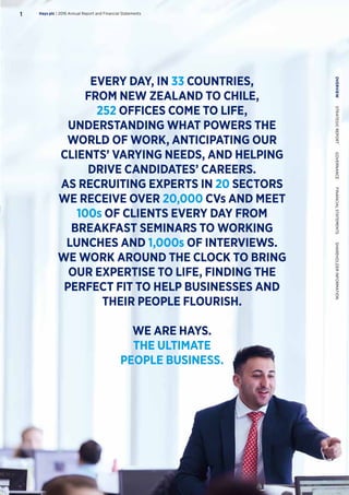EVERY DAY, IN 33 COUNTRIES,
FROM NEW ZEALAND TO CHILE,
252 OFFICES COME TO LIFE,
UNDERSTANDING WHAT POWERS THE
WORLD OF WORK, ANTICIPATING OUR
CLIENTS’ VARYING NEEDS, AND HELPING
DRIVE CANDIDATES’ CAREERS.
AS RECRUITING EXPERTS IN 20 SECTORS
WE RECEIVE OVER 20,000 CVs AND MEET
100s OF CLIENTS EVERY DAY FROM
BREAKFAST SEMINARS TO WORKING
LUNCHES AND 1,000s OF INTERVIEWS.
WE WORK AROUND THE CLOCK TO BRING
OUR EXPERTISE TO LIFE, FINDING THE
PERFECT FIT TO HELP BUSINESSES AND
THEIR PEOPLE FLOURISH.
WE ARE HAYS.
THE ULTIMATE
PEOPLE BUSINESS.
Hays plc | 2016 Annual Report and Financial Statements1
OVERVIEW  STRATEGICREPORT  GOVERNANCE  FINANCIALSTATEMENTS  SHAREHOLDERINFORMATION
 
