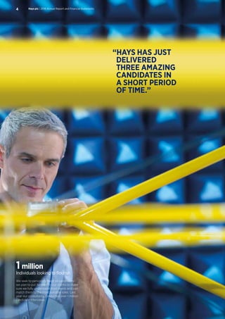 1 million
Individuals looking to flourish
We seek to personally meet all candidates
we plan to put forward to our clients to make
sure we fully understand their needs and can
match them to the most suitable roles. Last
year our consultants conducted over 1 million
candidate interviews.
“HAYS HAS JUST
DELIVERED
THREE AMAZING
CANDIDATES IN
A SHORT PERIOD
OF TIME.”
Hays plc | 2016 Annual Report and Financial Statements4
 