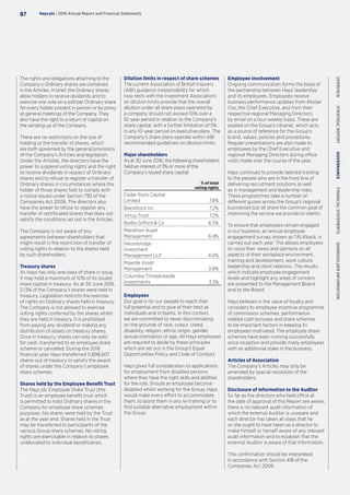 The rights and obligations attaching to the
Company’s Ordinary shares are contained
in the Articles. In brief, the Ordinary shares
allow holders to receive dividends and to
exercise one vote on a poll per Ordinary share
for every holder present in person or by proxy
at general meetings of the Company. They
also have the right to a return of capital on
the winding up of the Company.
There are no restrictions on the size of
holding or the transfer of shares, which
are both governed by the general provisions
of the Company’s Articles and legislation.
Under the Articles, the directors have the
power to suspend voting rights and the right
to receive dividends in respect of Ordinary
shares and to refuse to register a transfer of
Ordinary shares in circumstances where the
holder of those shares fails to comply with
a notice issued under Section 793 of the
Companies Act 2006. The directors also
have the power to refuse to register any
transfer of certificated shares that does not
satisfy the conditions set out in the Articles.
The Company is not aware of any
agreements between shareholders that
might result in the restriction of transfer of
voting rights in relation to the shares held
by such shareholders.
Treasury shares
As Hays has only one class of share in issue,
it may hold a maximum of 10% of its issued
share capital in treasury. As at 30 June 2016,
2.13% of the Company’s shares were held in
treasury. Legislation restricts the exercise
of rights on Ordinary shares held in treasury.
The Company is not allowed to exercise
voting rights conferred by the shares whilst
they are held in treasury. It is prohibited
from paying any dividend or making any
distribution of assets on treasury shares.
Once in treasury, shares can only be sold
for cash, transferred to an employee share
scheme or cancelled. During the 2016
financial year, Hays transferred 11,898,607
shares out of treasury to satisfy the award
of shares under the Company’s employee
share schemes.
Shares held by the Employee Benefit Trust
The Hays plc Employee Share Trust (the
Trust) is an employee benefit trust which
is permitted to hold Ordinary shares in the
Company for employee share schemes
purposes. No shares were held by the Trust
as at the year end. Shares held in the Trust
may be transferred to participants of the
various Group share schemes. No voting
rights are exercisable in relation to shares
unallocated to individual beneficiaries.
Dilution limits in respect of share schemes
The current Association of British Insurers
(ABI) guidance (responsibility for which
now rests with the Investment Association)
on dilution limits provide that the overall
dilution under all share plans operated by
a company should not exceed 10% over a
10-year period in relation to the Company’s
share capital, with a further limitation of 5%
in any 10-year period on executive plans. The
Company’s share plans operate within ABI
recommended guidelines on dilution limits.
Major shareholders
As at 30 June 2016, the following shareholders
held an interest of 3% or more of the
Company’s issued share capital:
% of total
voting rights
Cedar Rock Capital
Limited 7.8%
BlackRock Inc 7.2%
Virtus Trust 7.2%
Baillie Gifford  Co 6.5%
Marathon Asset
Management 6.4%
Heronbridge
Investment
Management LLP 4.0%
Majedie Asset
Management 3.8%
Columbia Threadneedle
Investments 3.5%
Employees
Our goal is for our people to reach their
full potential and to give of their best as
individuals and in teams. In this context,
we are committed to never discriminating
on the grounds of race, colour, creed,
disability, religion, ethnic origin, gender,
sexual orientation or age. All Hays employees
are required to abide by these principles
which are set out in the Group’s Equal
Opportunities Policy and Code of Conduct.
Hays gives full consideration to applications
for employment from disabled persons
where they have the right skills and abilities
for the role. Should an employee become
disabled whilst working for the Group, Hays
would make every effort to accommodate
them, to assist them in any re-training or to
find suitable alternative employment within
the Group.
Employee involvement
Ongoing communication forms the basis of
the partnership between Hays’ leadership
and its employees. Employees receive
business performance updates from Alistair
Cox, the Chief Executive, and from their
respective regional Managing Directors,
by email on a four-weekly basis. These are
posted on the Group’s intranet, which acts
as a source of reference for the Group’s
brand, values, policies and procedures.
Regular presentations are also made to
employees by the Chief Executive and
regional Managing Directors during office
visits made over the course of the year.
Hays continues to provide tailored training
to the people who are in the front line of
delivering recruitment solutions as well
as in management and leadership roles.
These programmes take a number of
different guises across the Group’s regional
businesses but all share the common goal of
improving the service we provide to clients.
To ensure that employees remain engaged
in our business, an annual employee
engagement survey, known as TALKback, is
carried out each year. This allows employees
to voice their views and opinions on all
aspects of their workplace environment,
training and development, work culture,
leadership and client relations. The results,
which indicate employee engagement
levels and highlight any areas of concern,
are presented to the Management Board
and to the Board.
Hays believes in the value of loyalty and
considers its employee incentive programme
of commission schemes, performance-
related cash bonuses and share schemes
to be important factors in keeping its
employees motivated. The employee share
schemes have been running successfully
since inception and provide many employees
with an additional stake in the business.
Articles of Association
The Company’s Articles may only be
amended by special resolution of the
shareholders.
Disclosure of information to the Auditor
So far as the directors who held ofﬁce at
the date of approval of this Report are aware,
there is no relevant audit information of
which the external Auditor is unaware and
each director has taken all steps that he
or she ought to have taken as a director to
make himself or herself aware of any relevant
audit information and to establish that the
external Auditor is aware of that information.
This confirmation should be interpreted
in accordance with Section 418 of the
Companies Act 2006.
Hays plc | 2016 Annual Report and Financial Statements87
OVERVIEW  STRATEGICREPORT  GOVERNANCE  FINANCIALSTATEMENTS  SHAREHOLDERINFORMATION
 