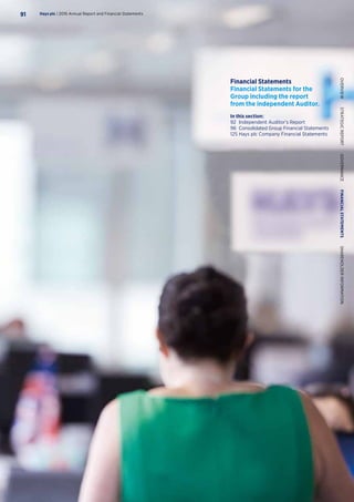 Financial Statements
Financial Statements for the
Group including the report
from the independent Auditor.
In this section:
92	 Independent Auditor’s Report
96	Consolidated Group Financial Statements
125	Hays plc Company Financial Statements
Hays plc | 2016 Annual Report and Financial Statements91
OVERVIEW  STRATEGICREPORT  GOVERNANCE  FINANCIALSTATEMENTS  SHAREHOLDERINFORMATION
 