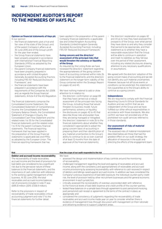 Opinion on financial statements of Hays plc
In our opinion:
–– the financial statements give a true and
fair view of the state of the Group’s and
of the parent Company’s affairs as at
30 June 2016 and of the Group’s profit
for the year then ended;
–– the Group financial statements have
been properly prepared in accordance
with International Financial Reporting
Standards (IFRSs) as adopted by the
European Union;
–– the parent Company financial statements
have been properly prepared in
accordance with United Kingdom
Generally Accepted Accounting Practice,
including FRS 101 ‘Reduced Disclosure
Framework’; and
–– the financial statements have been
prepared in accordance with the
requirements of the Companies Act 2006
and, as regards the Group financial
statements, Article 4 of the IAS Regulation.
The financial statements comprise the
Consolidated Income Statement, the
Consolidated Statement of Comprehensive
Income, the Consolidated and Parent
Company Balance Sheets, the Consolidated
Statement of Changes in Equity, the
Consolidated Cash Flow Statement and the
related notes 1 to 35 for the Consolidated
financial statements and the related notes
1 to 15 for the parent Company financial
statements. The financial reporting
framework that has been applied in
the preparation of the Group financial
statements is applicable law and IFRSs
as adopted by the European Union. The
financial reporting framework that has
been applied in the preparation of the parent
Company financial statements is applicable
law and United Kingdom Accounting
Standards (United Kingdom Generally
Accepted Accounting Practice), including
FRS 101 ‘Reduced Disclosure Framework’.
Going concern and the directors’
assessment of the principal risks that
would threaten the solvency or liquidity
of the Group
As required by the Listing Rules we have
reviewed the directors’ statement regarding
the appropriateness of the going concern
basis of accounting contained within note 2b
to the financial statements and the directors’
statement on the longer-term viability of the
Group contained within the Strategic Report
on pages 42 and 43.
We have nothing material to add or draw
attention to in relation to:
–– the directors’ confirmation on page 89
that they have carried out a robust
assessment of the principal risks facing
the Group, including those that would
threaten its business model, future
performance, solvency or liquidity;
–– the disclosures on pages 42 to 45 that
describe those risks and explain how
they are being managed or mitigated;
–– the directors’ statement in note 2b to the
financial statements about whether they
considered it appropriate to adopt the
going concern basis of accounting in
preparing them and their identification of
any material uncertainties to the Group’s
ability to continue to do so over a period
of at least 12 months from the date of
approval of the financial statements;
–– the directors’ explanation on pages 42
and 43 as to how they have assessed the
prospects of the Group, over what period
they have done so and why they consider
that period to be appropriate, and their
statement as to whether they have a
reasonable expectation that the Group
will be able to continue in operation
and meet its liabilities as they fall due
over the period of their assessment,
including any related disclosures drawing
attention to any necessary qualifications
or assumptions.
We agreed with the directors’ adoption of the
going concern basis of accounting and we did
not identify any such material uncertainties.
However, because not all future events or
conditions can be predicted, this statement is
not a guarantee as to the Group’s ability to
continue as a going concern.
Independence
We are required to comply with the Financial
Reporting Council’s Ethical Standards for
Auditors and we confirm that we are
independent of the Group and we have
fulfilled our other ethical responsibilities in
accordance with those standards. We also
confirm we have not provided any of the
prohibited non-audit services referred to
in those standards.
Our assessment of risks of material
misstatement
The assessed risks of material misstatement
described below are those that had the
greatest effect on our audit strategy, the
allocation of resources in the audit and
directing the efforts of the engagement team:
Risk How the scope of our audit responded to the risk
Debtor and accrued income recoverability
The recoverability of trade receivables,
accrued income and the level of provisions for
bad debts are considered to be a significant
risk due to the pervasive nature of these
balances to the financial statements, and the
importance of cash collection with reference
to the working capital management of the
business. At 30 June 2016, the total
receivables and accrued income balances
net of provisions included in note 17 was
£695.8 million (2015: £558.9 million).
Refer to the provisions in respect of
recoverability of trade receivables critical
accounting judgment and note 17 to the
financial statements for further detail.
We have:
–– assessed the design and implementation of key controls around the monitoring
of recoverability;
–– challenged management regarding the level and ageing of receivables and accrued
income, along with the consistency and appropriateness of receivables and accrued
income provisioning by assessing recoverability with reference to cash received in respect
of debtors and billings raised against accrued income. In addition we have considered the
Company’s previous experience of bad debt exposure, the individual counter-party credit
risk, the level of provision held by other recruitment businesses and the general economic
environment in each jurisdiction;
–– critically assessed the recoverability of overdue unprovided debt with reference
to the historical levels of bad debt expense and credit profile of the counter-parties;
–– tested these balances on a sample basis through agreement to post period end invoicing,
post period end cash receipt or agreement to the terms of the contract in place, as
appropriate; and
–– considered the consistency of judgments regarding the recoverability of trade
receivables and accrued income made year on year to consider whether there is
evidence of management bias through discussion with management on their rationale
and obtaining evidence to support judgment areas.
Hays plc | 2016 Annual Report and Financial Statements92
INDEPENDENT AUDITOR’S REPORT
TO THE MEMBERS OF HAYS PLC
 