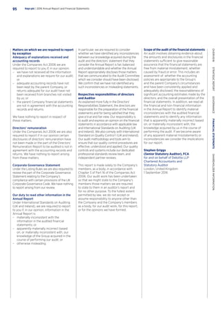 Matters on which we are required to report
by exception
Adequacy of explanations received and
accounting records
Under the Companies Act 2006 we are
required to report to you if, in our opinion:
–– we have not received all the information
and explanations we require for our audit;
or
–– adequate accounting records have not
been kept by the parent Company, or
returns adequate for our audit have not
been received from branches not visited
by us; or
–– the parent Company financial statements
are not in agreement with the accounting
records and returns.
We have nothing to report in respect of
these matters.
Directors’ remuneration
Under the Companies Act 2006 we are also
required to report if in our opinion certain
disclosures of directors’ remuneration have
not been made or the part of the Directors’
Remuneration Report to be audited is not in
agreement with the accounting records and
returns. We have nothing to report arising
from these matters.
Corporate Governance Statement
Under the Listing Rules we are also required to
review the part of the Corporate Governance
Statement relating to the Company’s
compliance with certain provisions of the UK
Corporate Governance Code. We have nothing
to report arising from our review.
Our duty to read other information in the
Annual Report
Under International Standards on Auditing
(UK and Ireland), we are required to report
to you if, in our opinion, information in the
Annual Report is:
–– materially inconsistent with the
information in the audited financial
statements; or
–– apparently materially incorrect based
on, or materially inconsistent with, our
knowledge of the Group acquired in the
course of performing our audit; or
–– otherwise misleading.
In particular, we are required to consider
whether we have identified any inconsistencies
between our knowledge acquired during the
audit and the directors’ statement that they
consider the Annual Report is fair, balanced
and understandable and whether the Annual
Report appropriately discloses those matters
that we communicated to the Audit Committee
which we consider should have been disclosed.
We confirm that we have not identified any
such inconsistencies or misleading statements.
Respective responsibilities of directors
and Auditor
As explained more fully in the Directors’
Responsibilities Statement, the directors are
responsible for the preparation of the financial
statements and for being satisfied that they
give a true and fair view. Our responsibility is
to audit and express an opinion on the financial
statements in accordance with applicable law
and International Standards on Auditing (UK
and Ireland). We also comply with International
Standard on Quality Control 1 (UK and Ireland).
Our audit methodology and tools aim to
ensure that our quality control procedures are
effective, understood and applied. Our quality
controls and systems include our dedicated
professional standards review team, and
independent partner reviews.
This report is made solely to the Company’s
members, as a body, in accordance with
Chapter 3 of Part 16 of the Companies Act
2006. Our audit work has been undertaken
so that we might state to the Company’s
members those matters we are required
to state to them in an auditor’s report and
for no other purpose. To the fullest extent
permitted by law, we do not accept or
assume responsibility to anyone other than
the Company and the Company’s members
as a body, for our audit work, for this report,
or for the opinions we have formed.
Scope of the audit of the financial statements
An audit involves obtaining evidence about
the amounts and disclosures in the financial
statements sufficient to give reasonable
assurance that the financial statements are
free from material misstatement, whether
caused by fraud or error. This includes an
assessment of: whether the accounting
policies are appropriate to the Group’s
and the parent Company’s circumstances
and have been consistently applied and
adequately disclosed; the reasonableness of
significant accounting estimates made by the
directors; and the overall presentation of the
financial statements. In addition, we read all
the financial and non-financial information
in the Annual Report to identify material
inconsistencies with the audited financial
statements and to identify any information
that is apparently materially incorrect based
on, or materially inconsistent with, the
knowledge acquired by us in the course of
performing the audit. If we become aware
of any apparent material misstatements or
inconsistencies we consider the implications
for our report.
Stephen Griggs
(Senior Statutory Auditor), FCA
for and on behalf of Deloitte LLP
Chartered Accountants and
Statutory Auditor
London, United Kingdom
1 September 2016
Hays plc | 2016 Annual Report and Financial Statements95
OVERVIEW  STRATEGICREPORT  GOVERNANCE  FINANCIALSTATEMENTS  SHAREHOLDERINFORMATION
 