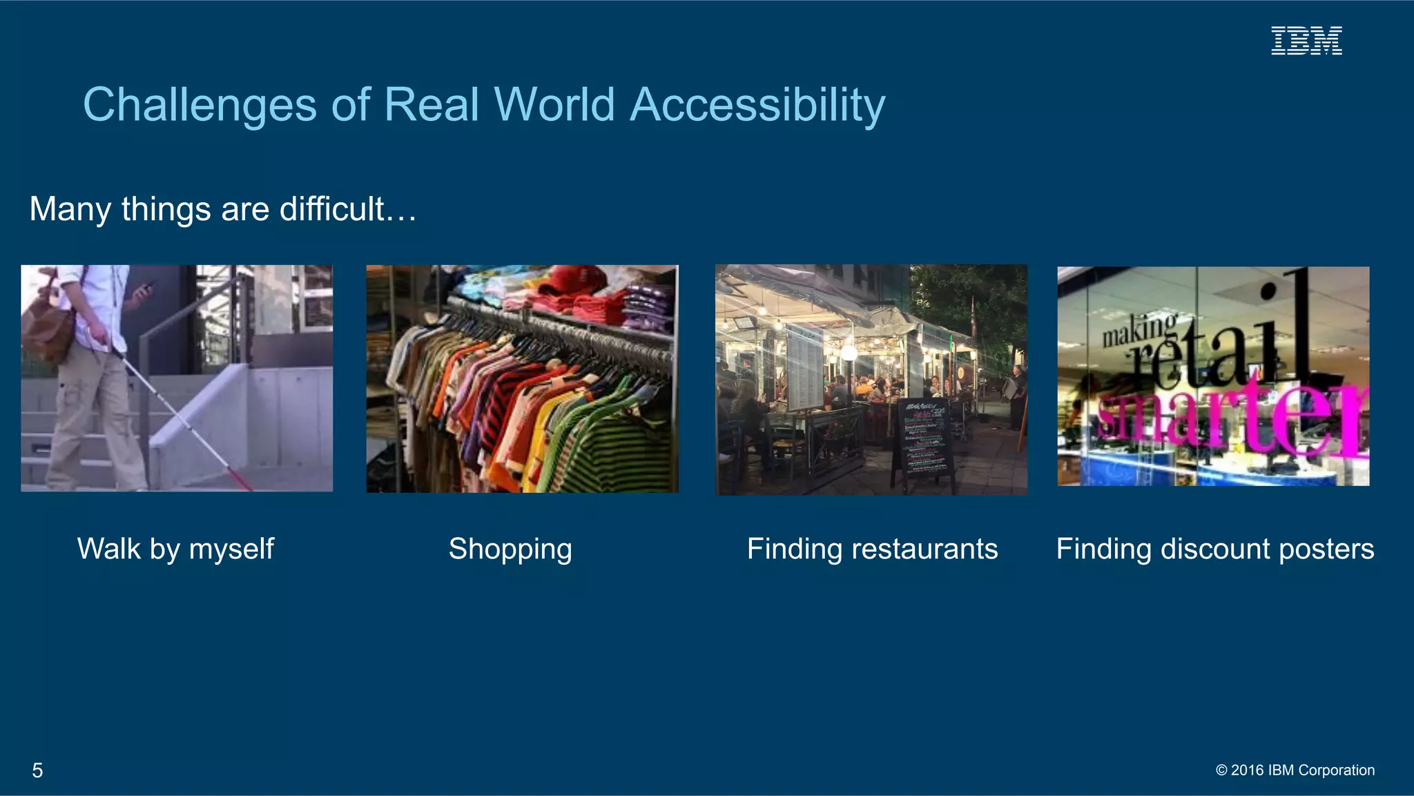 5
Walk by myself	
 Finding discount posters	
Finding restaurants	
Shopping	
Many things are difficult…	
Challenges of Real World Accessibility
© 2016 IBM Corporation
 
