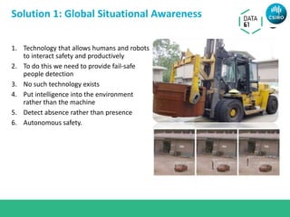 Solution 1: Global Situational Awareness
1. Technology that allows humans and robots
to interact safety and productively
2. To do this we need to provide fail-safe
people detection
3. No such technology exists
4. Put intelligence into the environment
rather than the machine
5. Detect absence rather than presence
6. Autonomous safety.
 