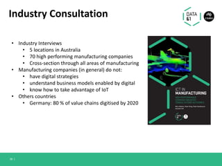 Industry Consultation
38 |
• Industry Interviews
• 5 locations in Australia
• 70 high performing manufacturing companies
• Cross-section through all areas of manufacturing
• Manufacturing companies (in general) do not:
• have digital strategies
• understand business models enabled by digital
• know how to take advantage of IoT
• Others countries
• Germany: 80 % of value chains digitised by 2020
 