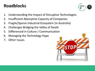 Roadblocks
1. Understanding the Impact of Disruptive Technologies
2. Insufficient Absorptive Capacity of Companies
3. Fragile/Sparse Industrial Ecosystem (in Australia)
4. Challenges Bridging the Valley of Death
5. Differenced in Culture / Communication
6. Managing the Technology Hype
7. Other Issues
 